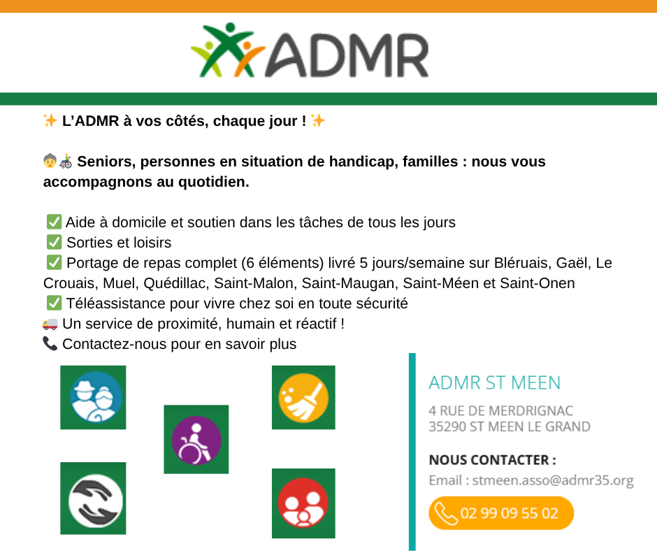 l'admr (aide à domicile en milieu rural) intervient auprès des seniors, des personnes en situation de handicap et des familles. elle a pour mission l'aide et l'accompagnement au domicile, le souti
